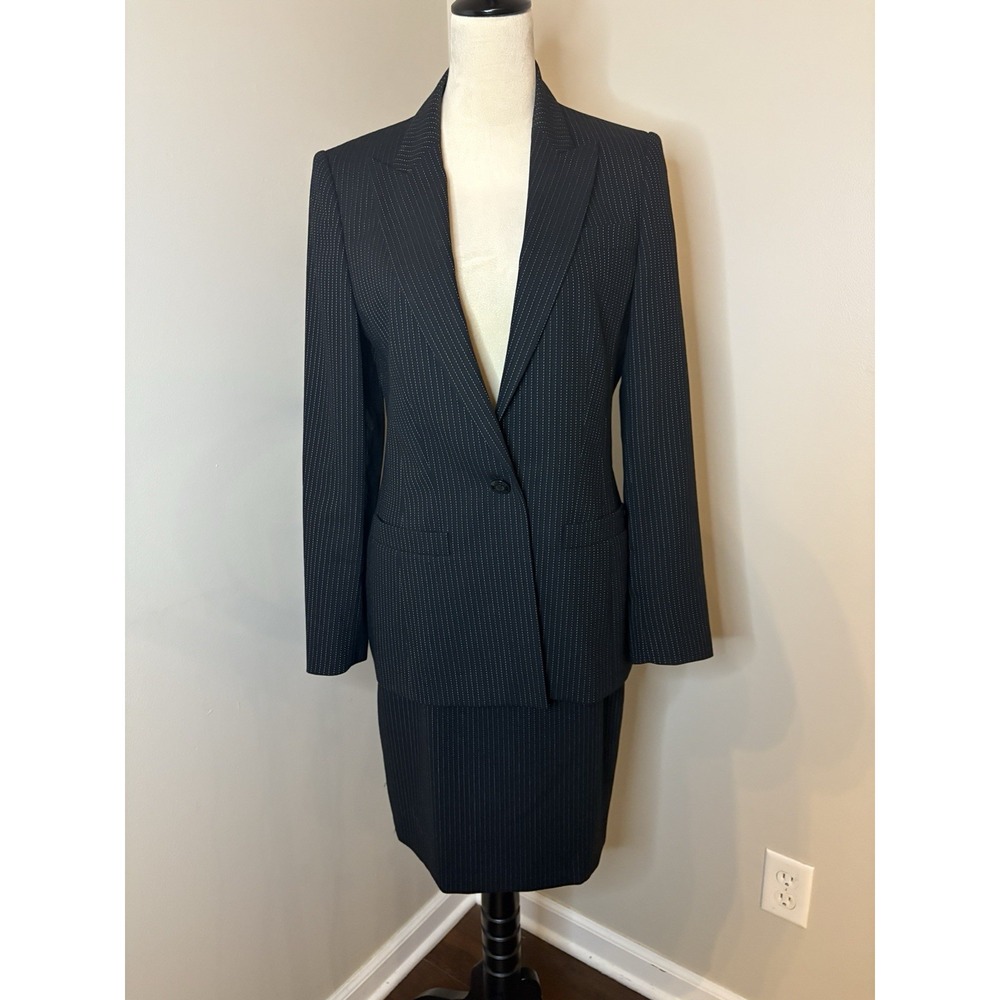 Vintage Escada Margaretha Ley Skirt Suit Wool Silk Blazer Black Pinstripe Sz 36